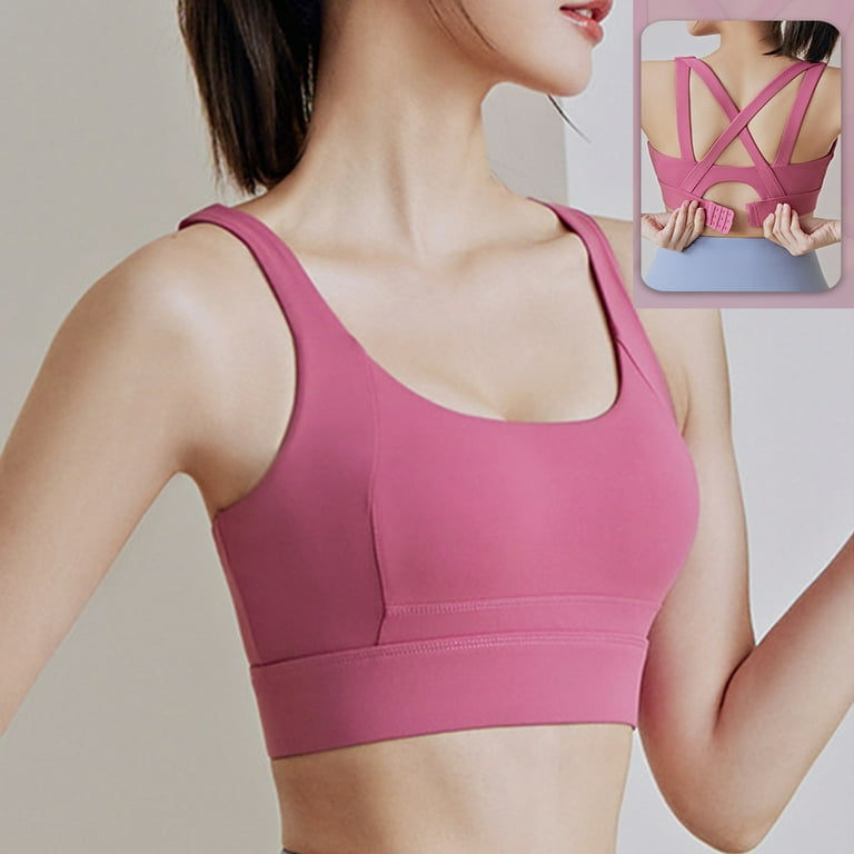 RQYYD Padded Sports Bra for Women Solid Criss Cross Back Strappy Yoga Bra  Medium Support Fitness Workout Bras Pink XXL