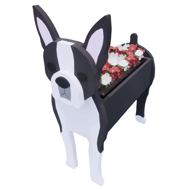 Maceta de Perro Boston en Madera Decorativa para Jardín o Interior, Diseño Detallado y Único, Ideal para Amantes de las Mascotas, Uso en Interior y Exterior, Tamaño Pequeño (S)