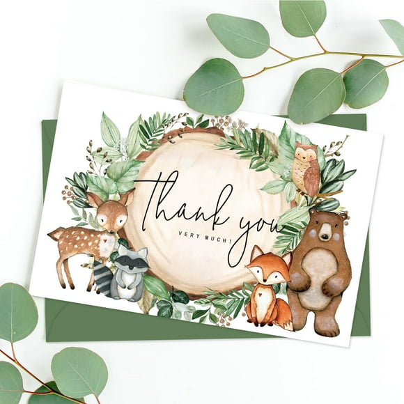 JarThenaAMCS 50 Packs Woodland Thank You Cards Woodland Animal Watercolor Greeting Cards Boxed with Envelopes and Stickers Forest Creature Blank Note Cards for Baby Shower Birthda