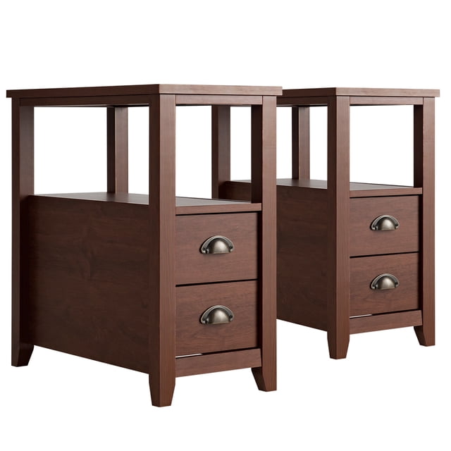 Patiojoy 2-Piece Retro Side End Table Rectangular Nightstand W/ 2 Drawers & Shelf Brown