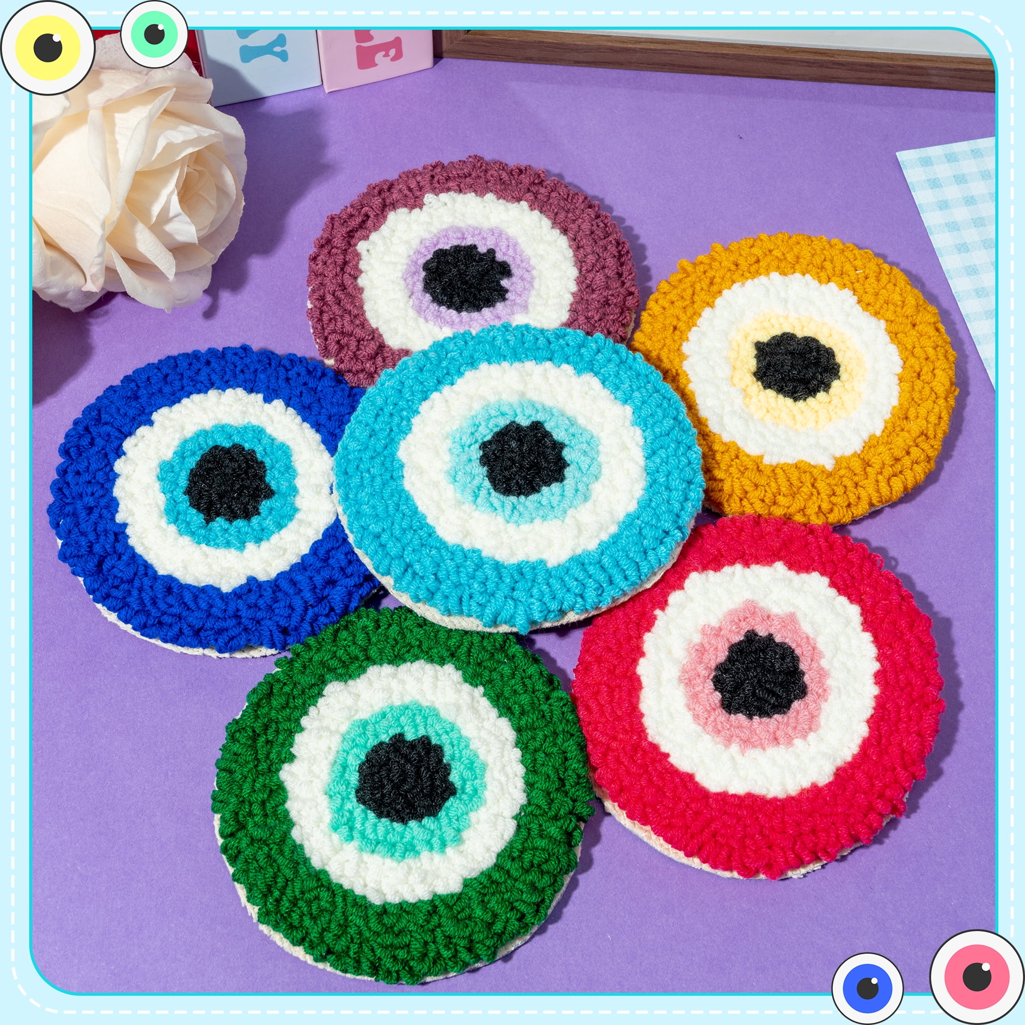 Belanttega Devil Eye Punch Needle Coaster Kit - 22Pcs Art Work Decor Craft Supplies Kits for Beginners, DIY Set of 6 Pattern Tufted Rug Pads with Adhesive Felt Yarns Embroidery Hoop Instruction Gifts