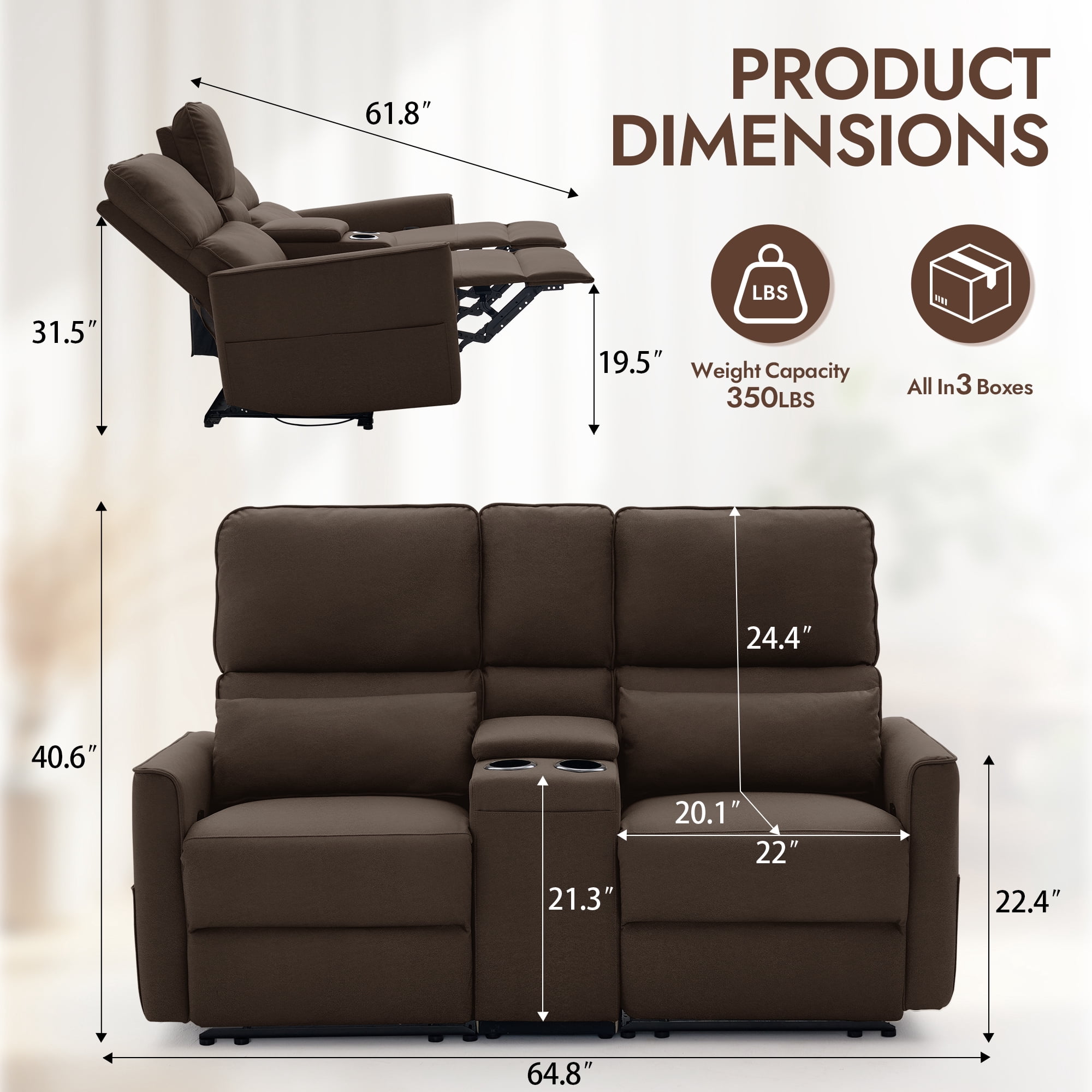 Korser 2-Seater Recliner Sofa with Pillow,Double Recliner Loveseat with Storage Console, Side Pockets, Cup Holders Manual Recliner Sofa for Living Room,Dark Brown