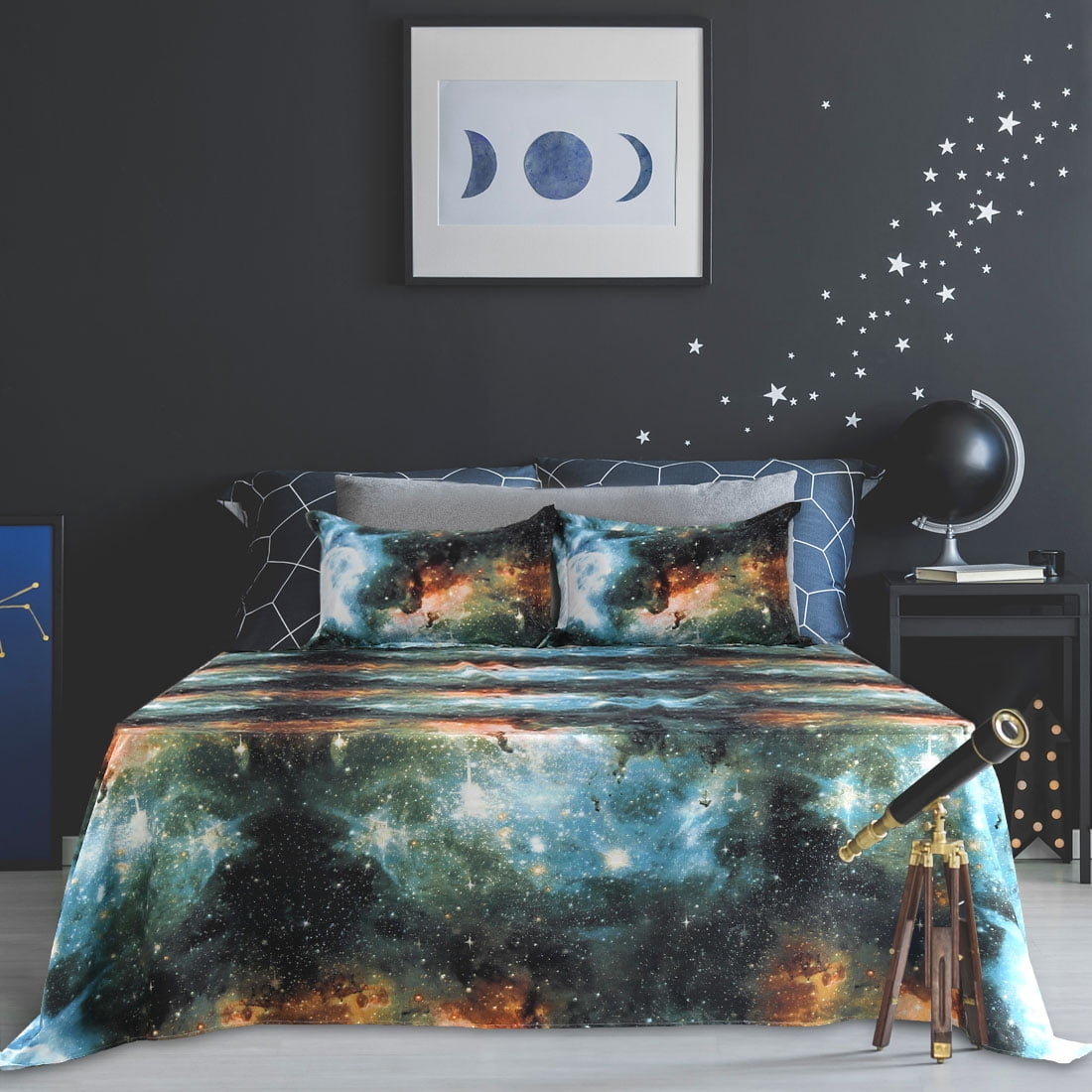Unique Bargains Galaxy Print Bed Sheets Pillow Cases Bedding Set, Green, Queen
