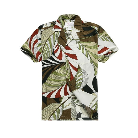 Made in Hawaii Men's Hawaiian Shirt Aloha Shirt in Abstract Art Tropical Leaves in Brown Red L