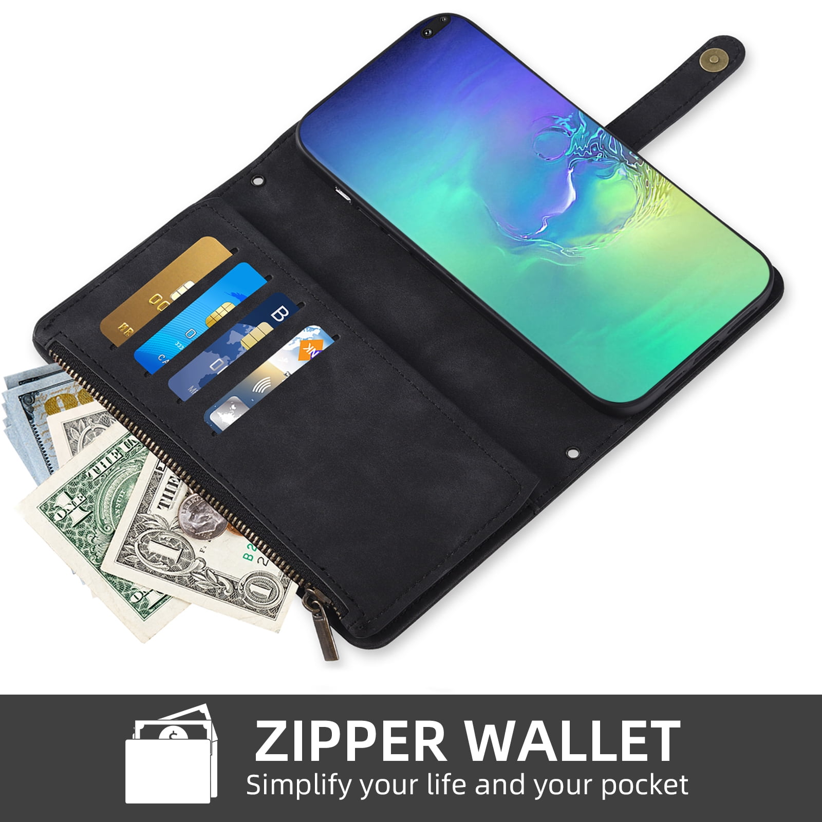 Asuwish Phone Case for Samsung Galaxy S10 Plus Wallet Cover With Tempered Glass Screen Protector Crossbody Wrist Strap Flip Pattern Zipper Card Holder Cell S10+ S10plus 10S Edge S 10 10plus Men Black