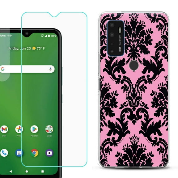 Slim-Fit Gel TPU Phone Case for Cricket Dream 5G, with Tempered Glass Screen Protector, by OneToughShield ® - Victorian Pink/Black