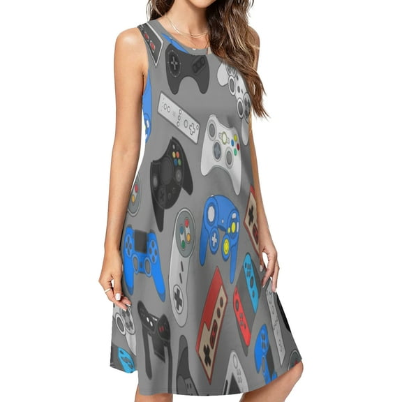 Game Controller Pattern Spring Summer Dresses for Women Fashion T-shirt Dress Casual Sleeveless Loose Sundress with Pockets