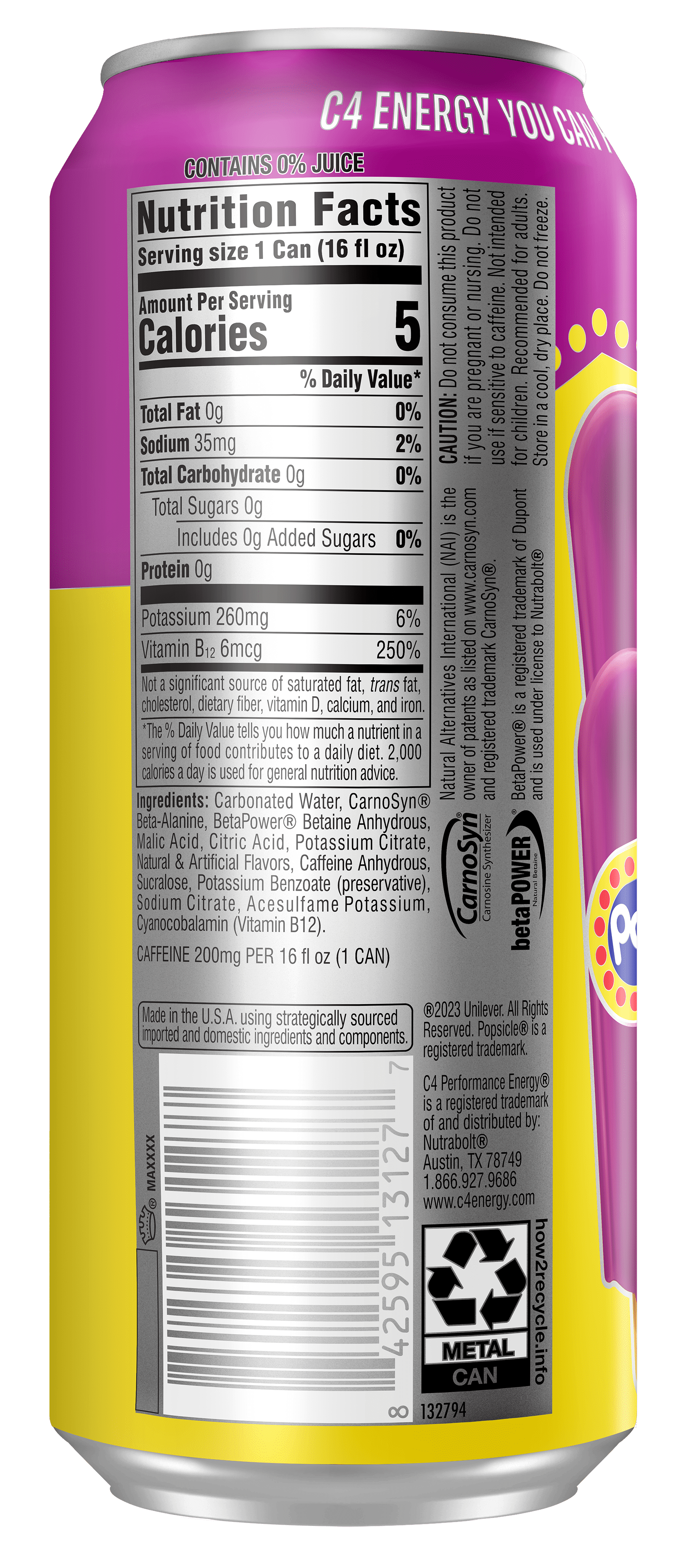 (4 pack) C4 Performance Energy Drink, Grape Popsicle, 16 fl oz Single Can