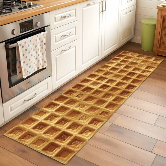 Waffle Texture Runner Rug for Hallway 2x6ft, Country Farmhouse Gold Yellow Waffle Non Slip Floor Mat Washable Low-Profile Indoor Carpet for Living Room, Bedroom, Dining Room