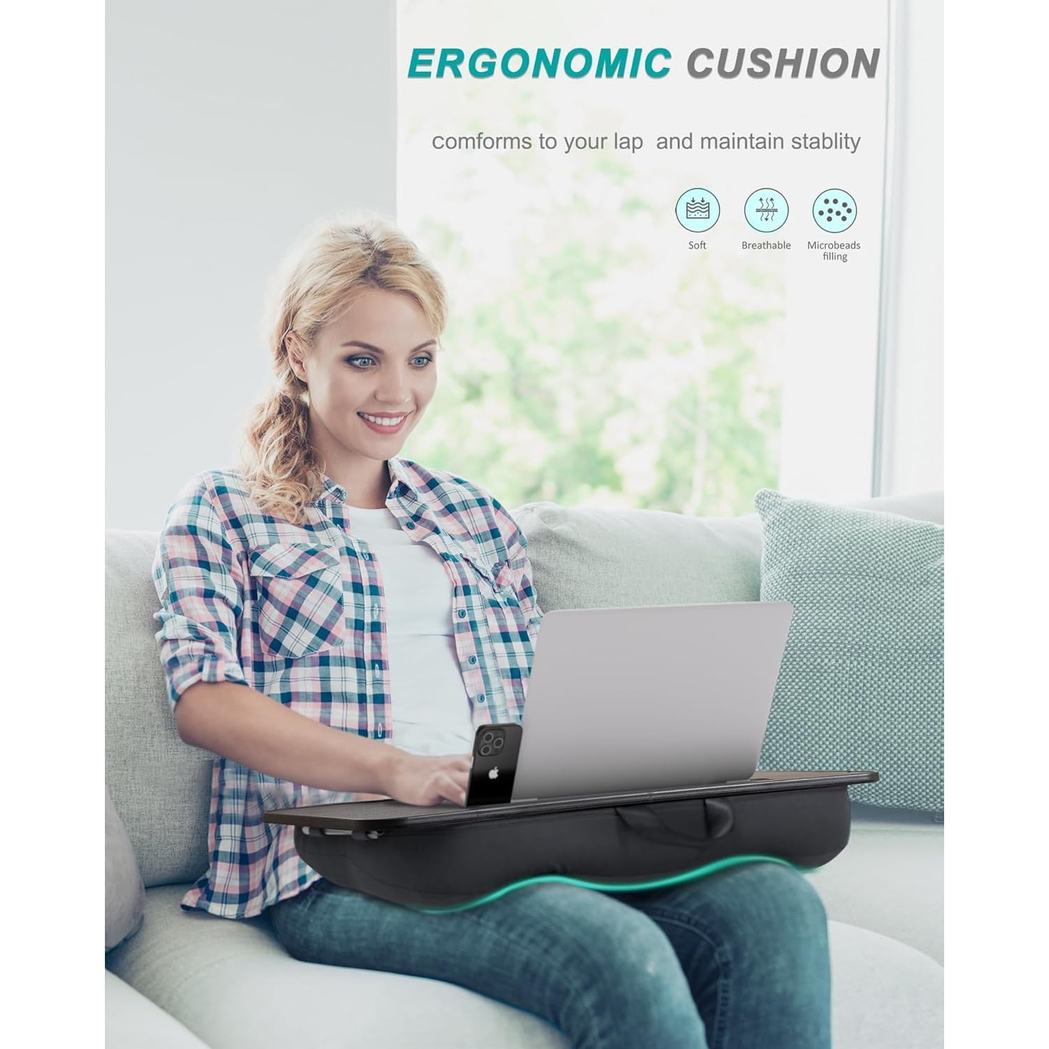 Lap Desk, Portable Laptop Stand with Washable Cushion, Fits up to 17 inch Laptop, with Device Ledge and Phone Holder, Use on Bed,Couch, Sofa, Floor, Home Office