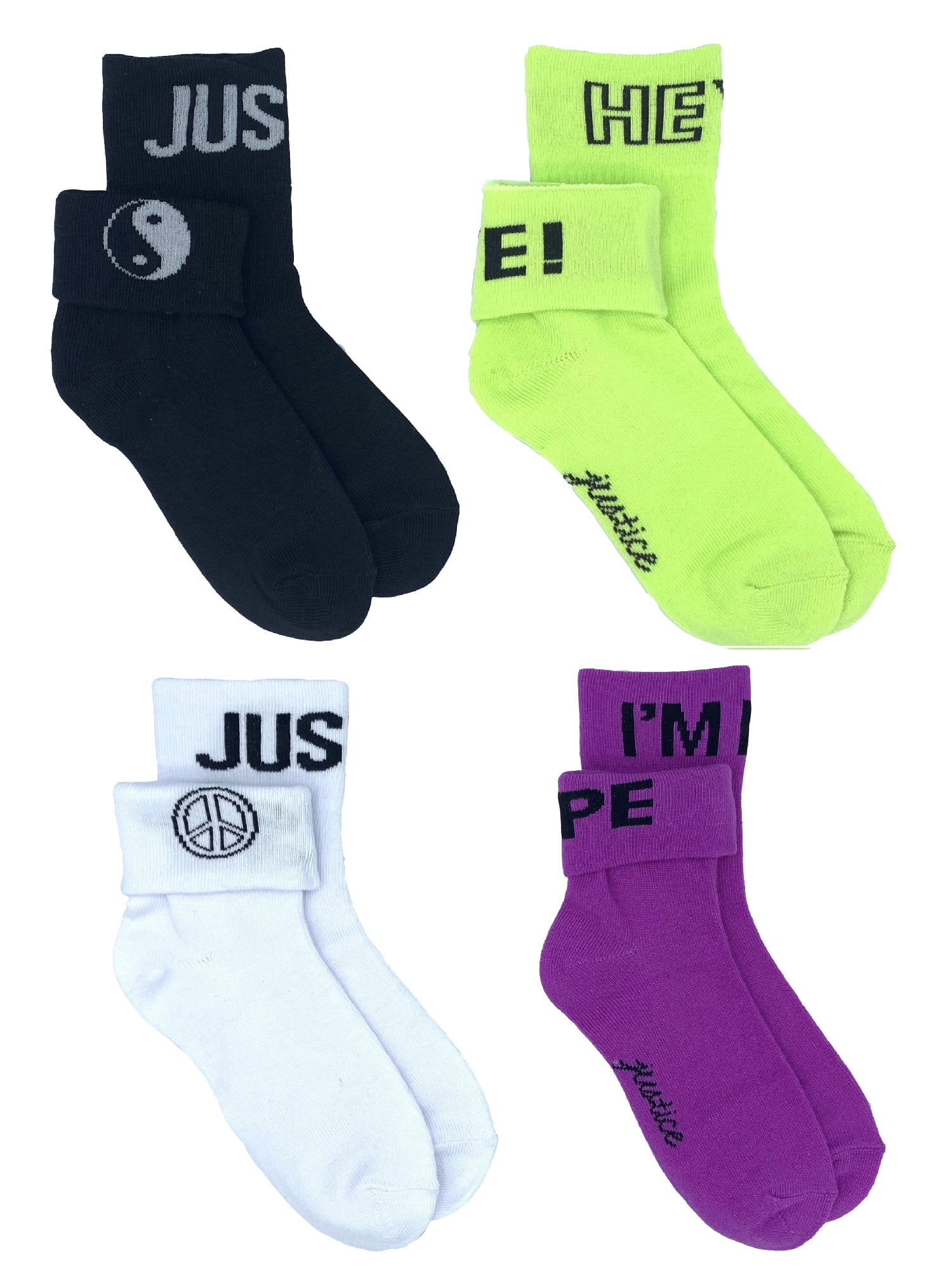 Justice Girls Turn-Cuff Crew Socks, 4-Pack, Sizes M-L