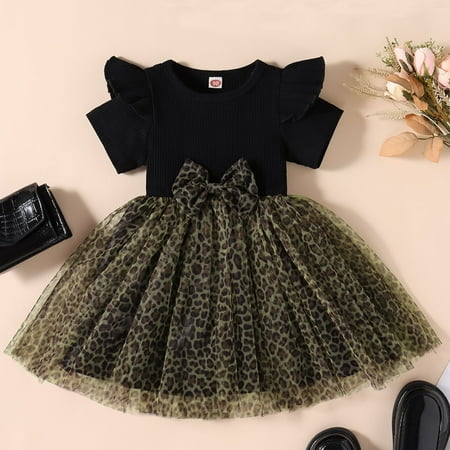 

kpoplk Baby Girl Dresses Toddler Girls Short Sleeve Bowknot Dresses Kids Leopard Printed Tulle Princess Dress Toddler Dresses(Black)