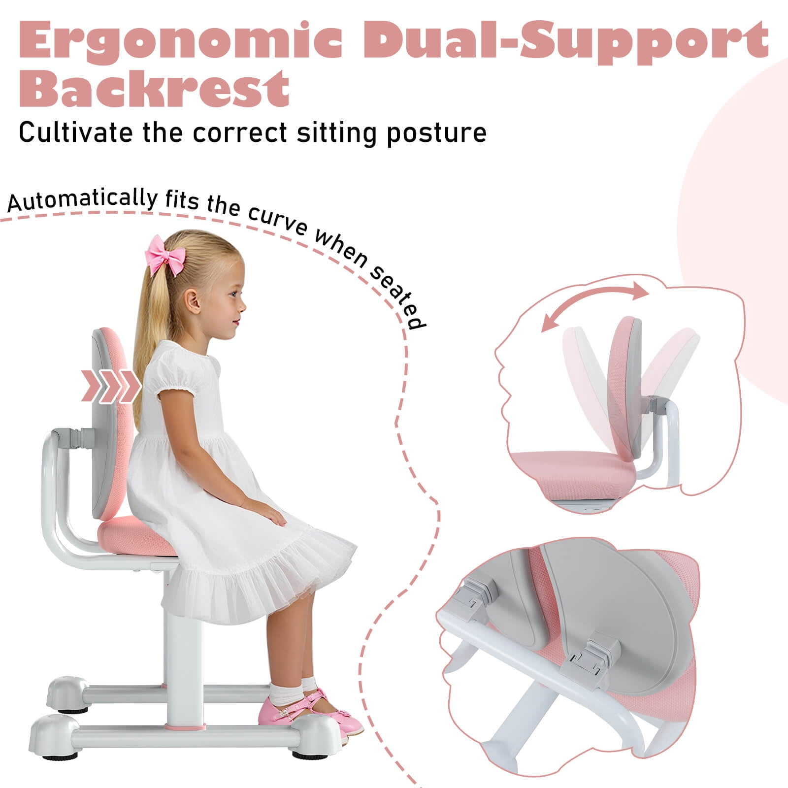 Costway Kids Desk Chair with Double Back Support Adjustable Height Upholstered Computer Chair Pink