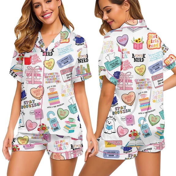 Women’s Book Lover Satin Pajama Set, Bookish Print Long Sleeve Sleepwear, Cute Reader Lounge Pajamas