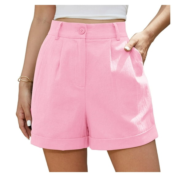 Asklazy Womens Summer High Waist Linen Shorts Roll Up Pleated Zippered Wrap Hem Wide Leg Shorts with Pockets,US Size,XL,Pink