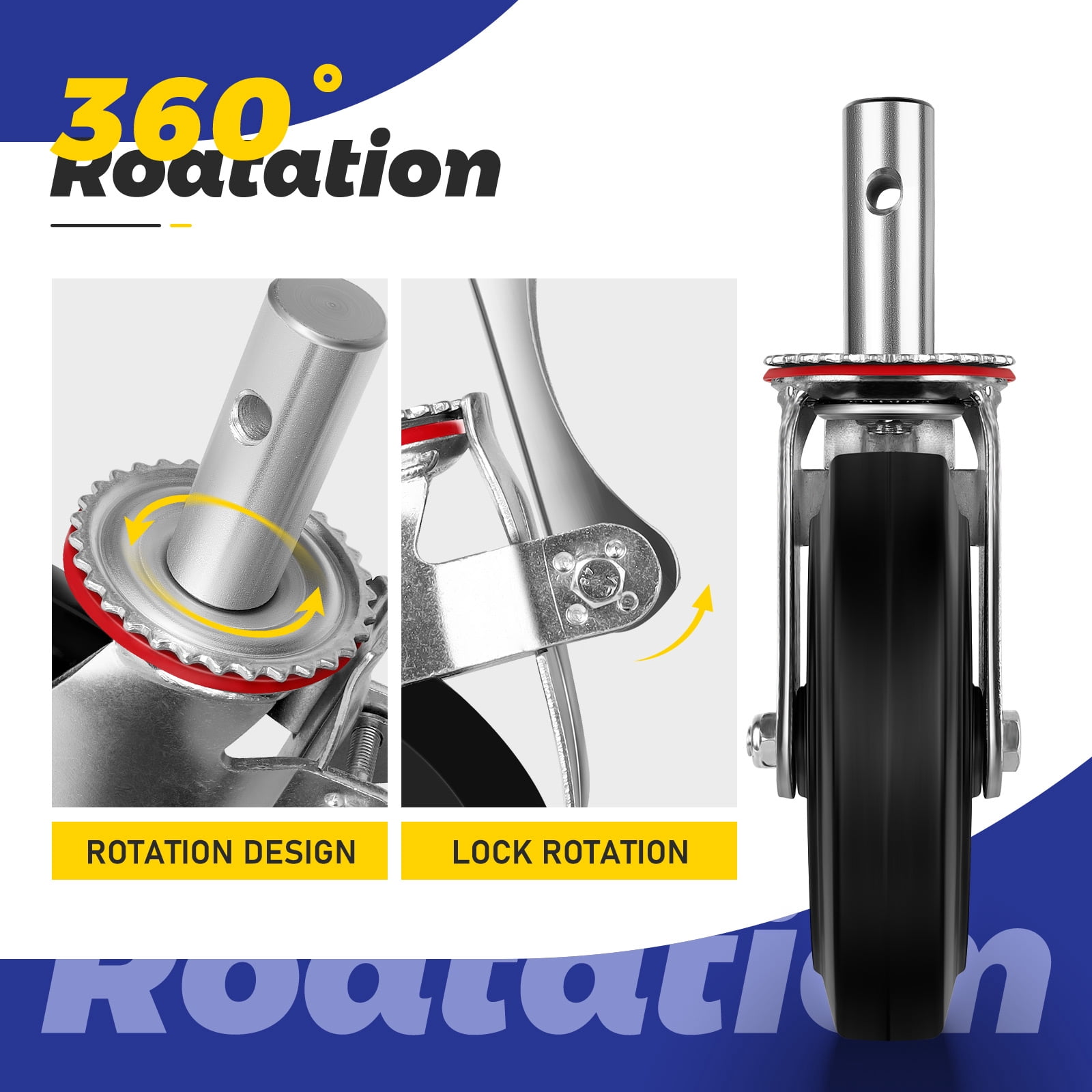 Scaffolding Wheels, Scaffold Wheels, Scaffold Caster, 8 Inch, Set of 4, Scaffolding Parts, Double Locking Brakes, Grease Fittings, Stem, Swivel, Heavy Duty, Rubber, Black, 6400LB Capacity
