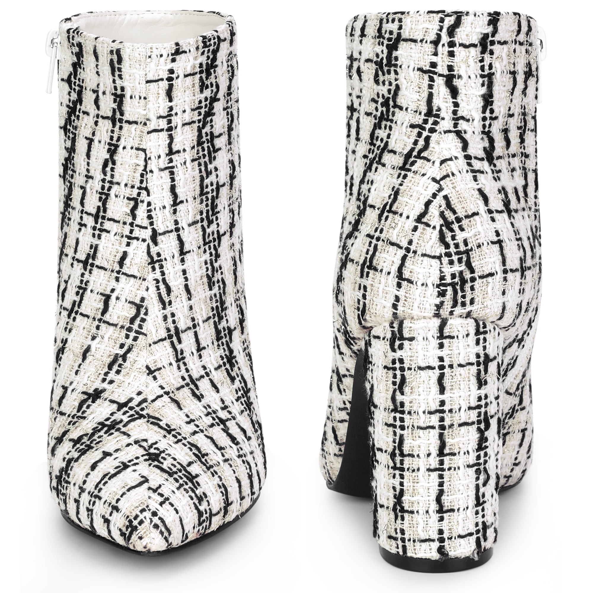 DARING DIVA Tweed Ankle Boot Pointy Toe Chunky Heel Plaid Boots White 8
