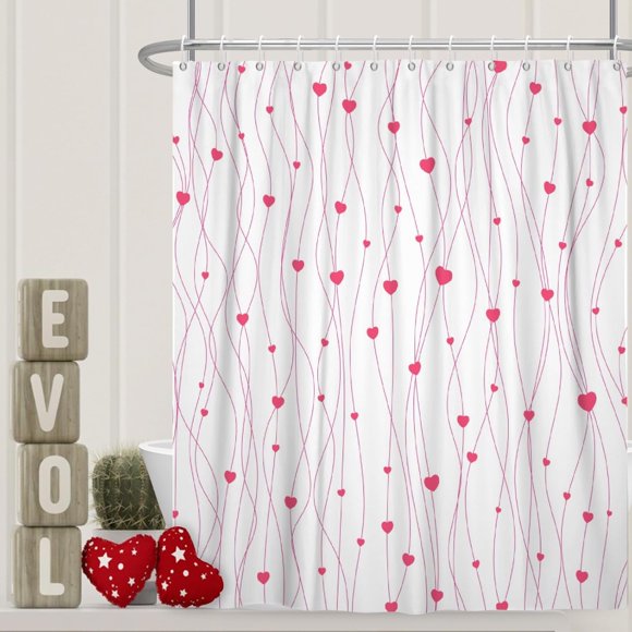 Rideau de Douche de la Saint-Valentin pour Salle de Bain 72 X 72 Pouces Lignes de Cœurs Roses Tissu Imperméable Déco de Baignoire de Kiosque Décoration Bohème Blanche Séparateur de Chambre d'Hôtel Ensemble de Rideaux de Douche avec Crochets