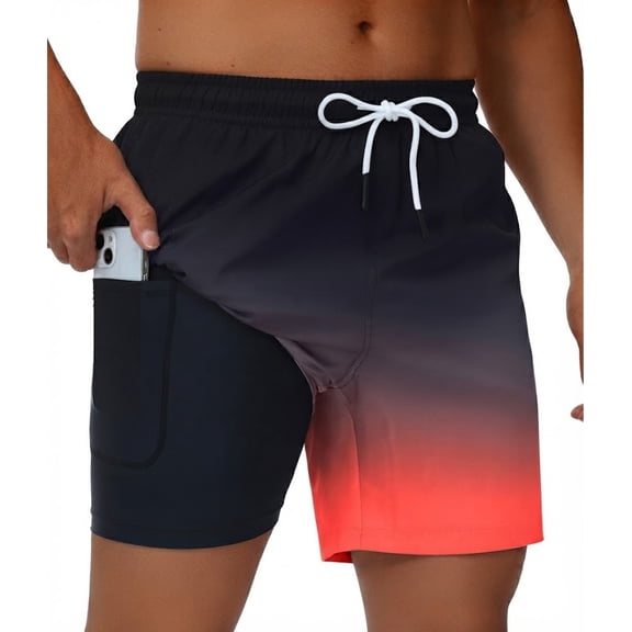 Men's Swim Trunks Quick Dry Loose Fit Board Shorts with Drawstring, Summer Beach Swimwear, Black Orange Gradient L