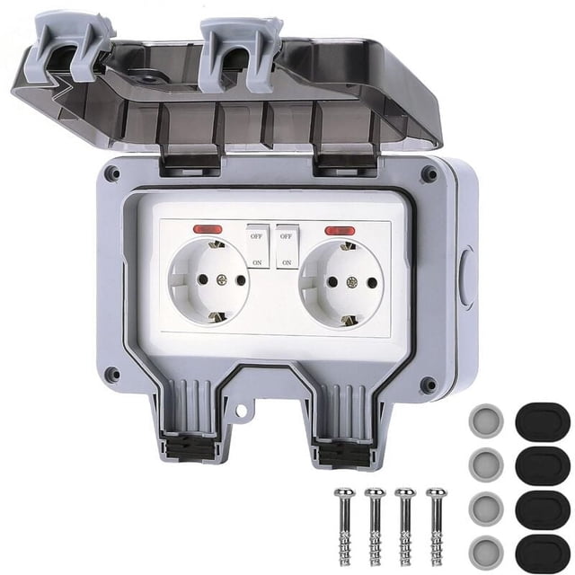Weatherproof Outdoor Socket, 2-Gang Electrical Outlet with Independent Switch, IP66 Waterproof & Dustproof Design, Padlock Compatible for Enhanced Security in Gardens &