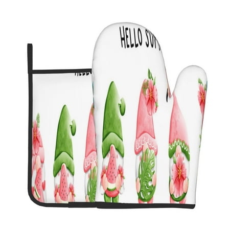 

KLL Hello Summer Gnome Pattern Oven Mitts and Pot Holders 2pcs Sets for Kitchen Oven Mitt Heat Resistant 536°F Oven Gloves for Kitchen Cooking and Baking