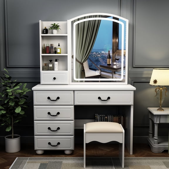 Elegant MDF Vanity with Lighting and Storage - Fit Any Room Decor