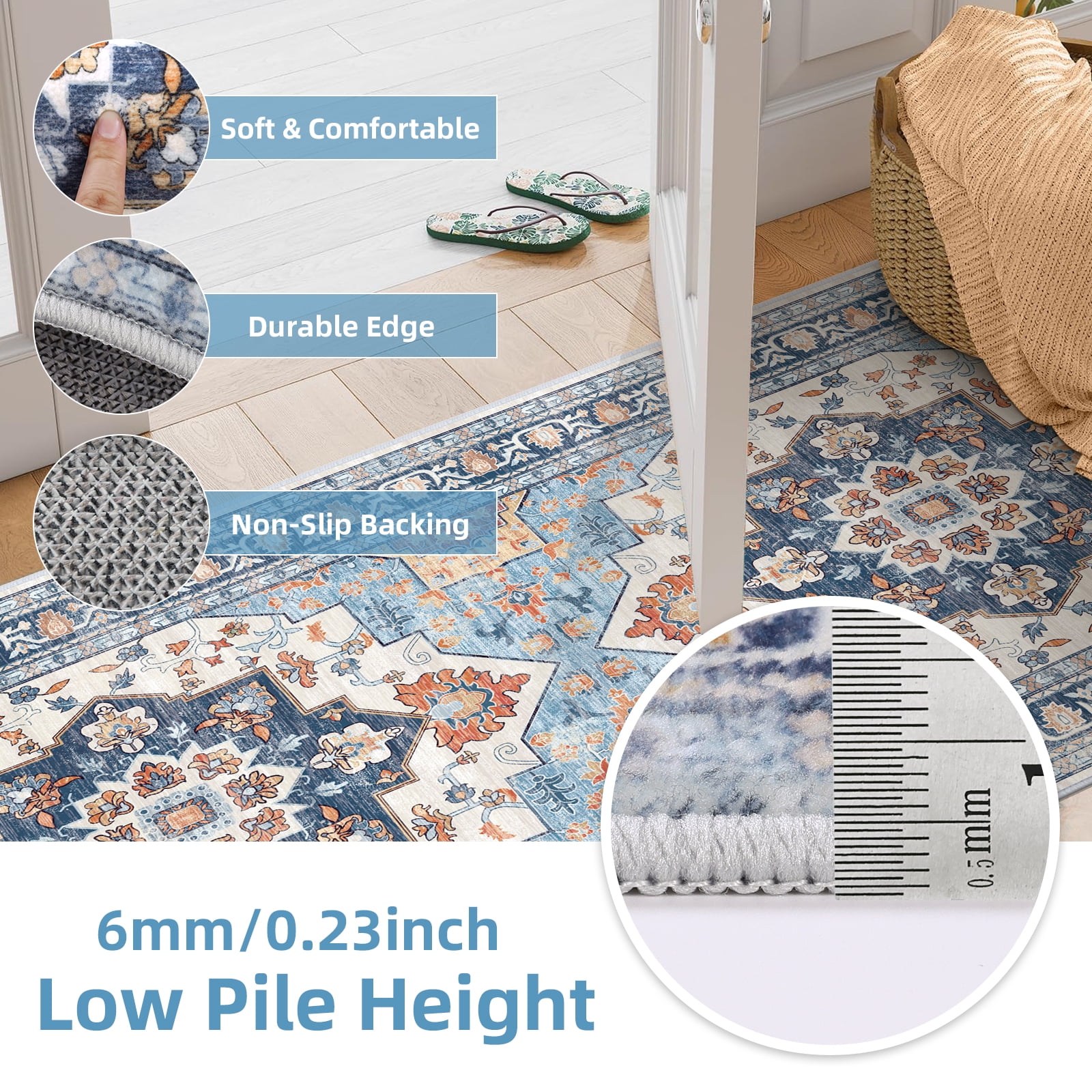 Findosom 2pcs Kitchen Rugs, Washable Boho Farmhouse Kitchen Mats for Floor, Non Slip Thick Indoor Kitchen Floor Mat Carpet Runner Rugs for Entryway Hallway Laundry Home Decor 20"x32"+20"x47" Blue