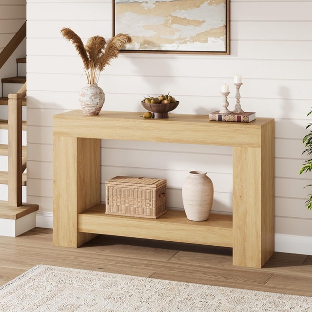 Table Console Style Ferme à 2 Niveaux 47 Po de Long Table de Sofa Rangement Ouvert Base Robuste pour Entrée Salon Bois Naturel