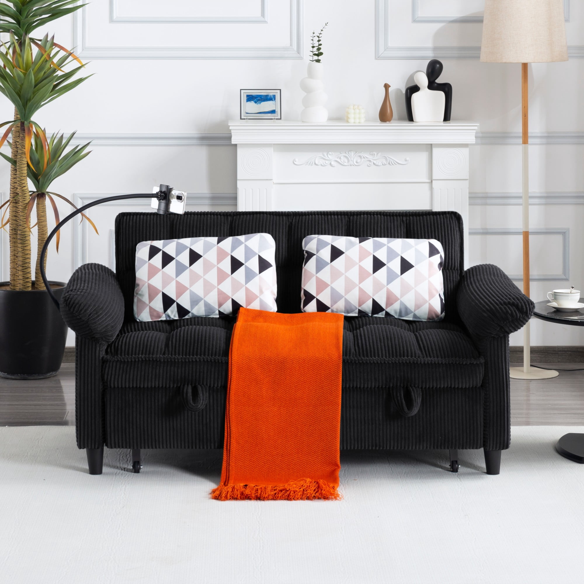 BSHTI 58.27" Corduroy Convertible Sofa Bed with Pull Out Sleeper, 3-Position Backrest, Storage Pocket for Living Room Guest Room, Black（Black）