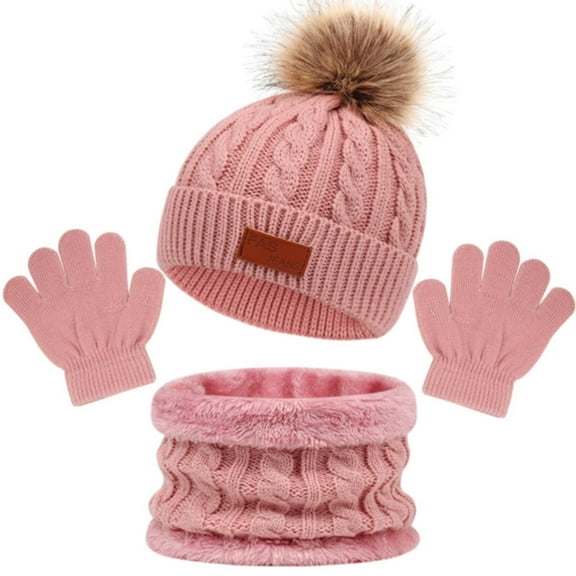 Otqutp Kids Hats and Gloves Sets,Knit Warm Winter Cold Weather Beanie Hat Scarf Gloves for Boys Girls Pom Poms Toddler Hats 1 To 5 Years(Pink,One Size)