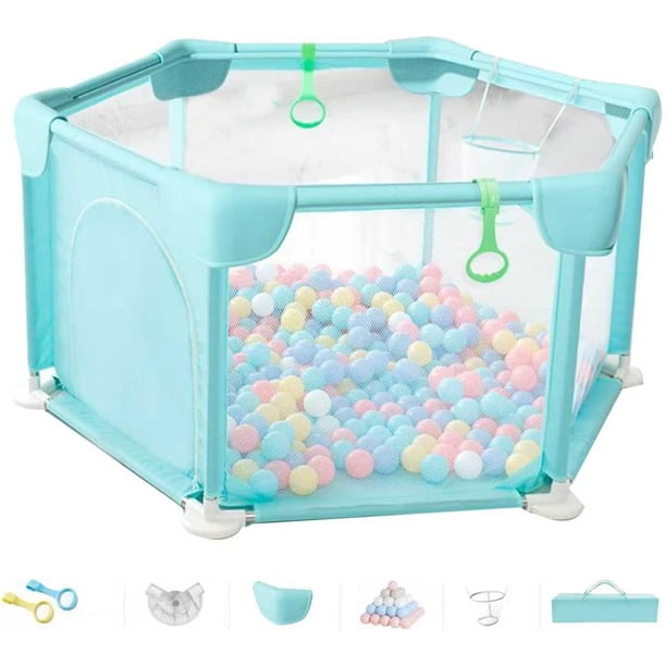 Corral para Bebé Portátil con 20 Bolas Oceánicas, Aro de Baloncesto, Anillos de Tracción,Parque para Bebés,Muy adecuado para actividades libres, estudiar, deportes de pelota,Corral para Bebé Seguro