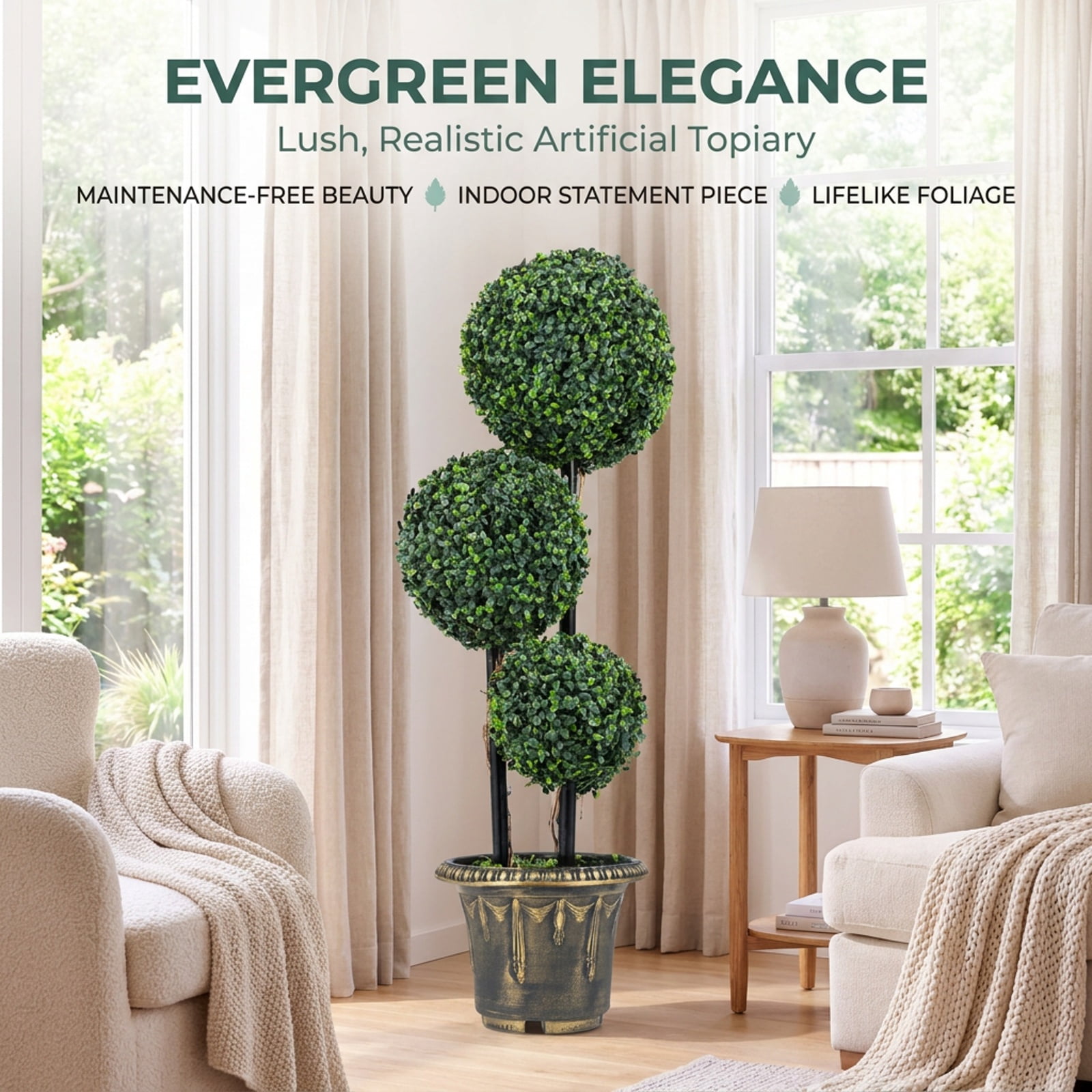 Vebreda Artificial Plant Decor, 2.5/3 FT Artificial Boxwood Topiary Tree Triple Ball Shrubs, Triple Ball Display, No-Care Daily Beauty