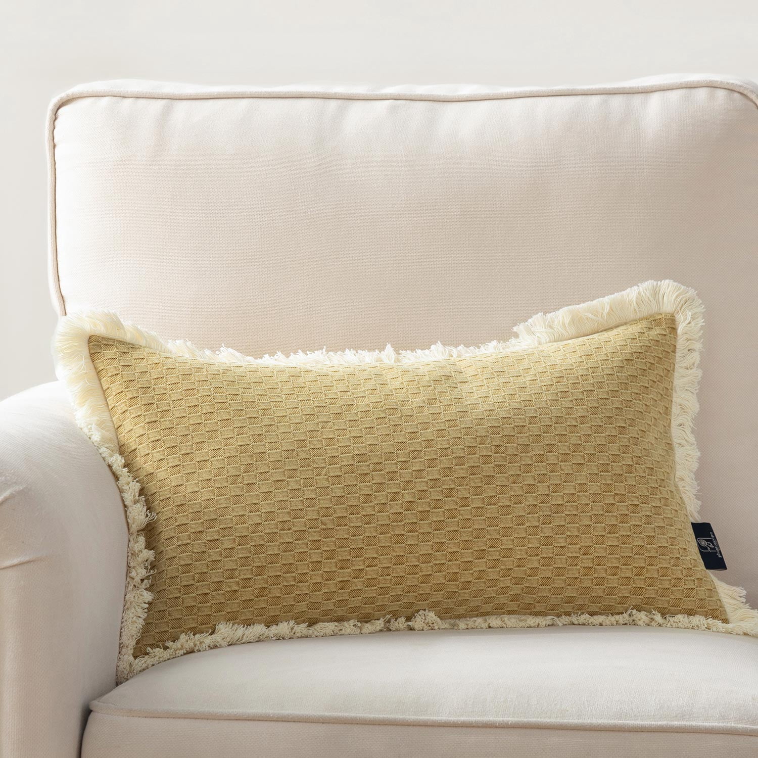 Phantoscope Fringe Trim Textured Woven Decorative Throw Pillows with Inserts, Boho Checker Pattern, Light Brown, 12 x 20 in, 2 Pack