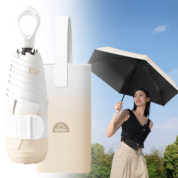 Apeya Mini Travel Umbrella, 5 Fold Manual Beige Parasol with UPF Plus UV Protection, Lightweight Compact Sun Umbrella for Backpack Suitcase, 35.43x22.44 in