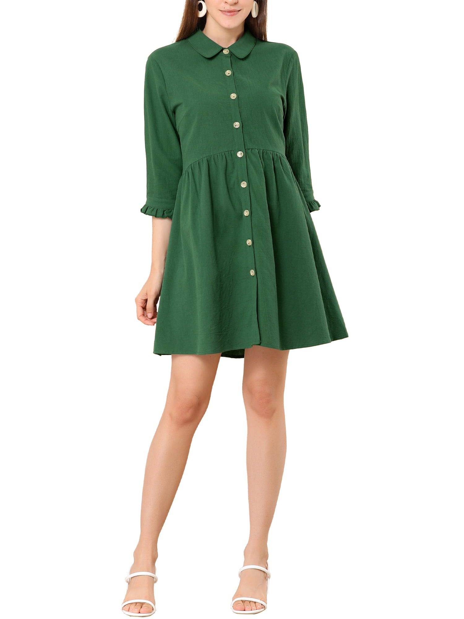 DARING DIVA Elegant Collar Flare 3/4 Sleeve Button Mini Shirt Dress XL Dark Green