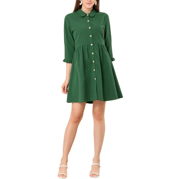 INSPIRE CHIC Women's Shirt Dress 3/4 Sleeve Button Down Mini Dresses M Dark Green