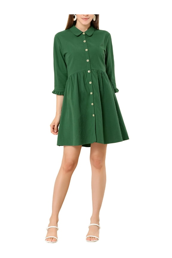 Women's Shirt Dress 3/4 Sleeve Button Down Mini Dresses M Dark Green