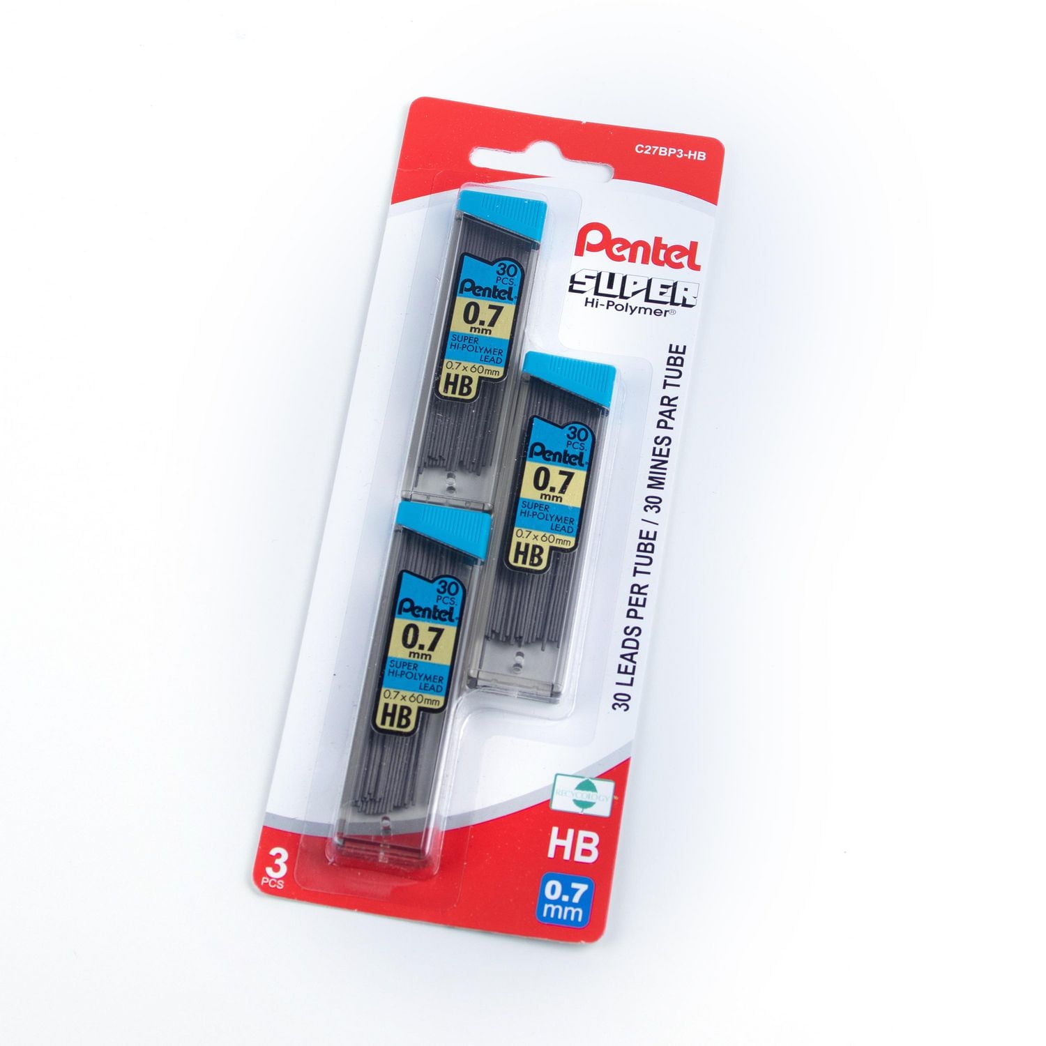 Pentel Super Hi-Polymer Mines de Recharge, 30 Mines par Tube, HB, 0,7mm, 3PC Paque