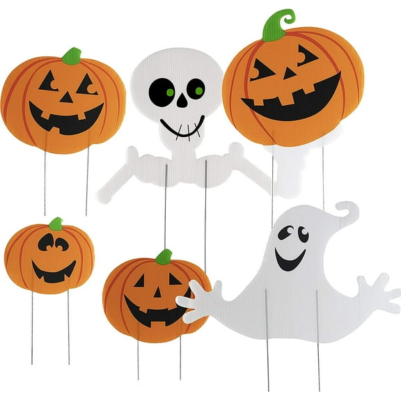 Halloween Decorations Themed 6 Piece Family Friendly Yard Decoration Signs, Including 4 Pumpkins, 1 Ghost, 1 Skeleton - Halloween Yard Signs for Outdoor Decor with Metal Stakes