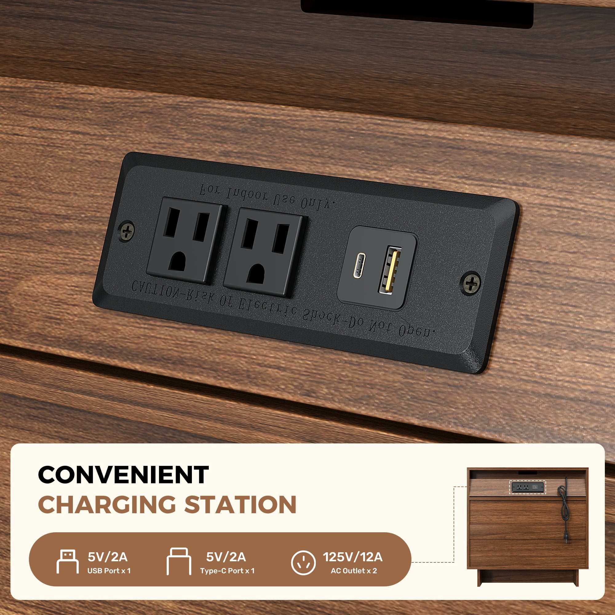 MOONMISS 3 Drawers Nightstand with Charging Station, Wood Night Stand with Waterproof Table Top for Bedroom, Livingroom, Dark Walnut