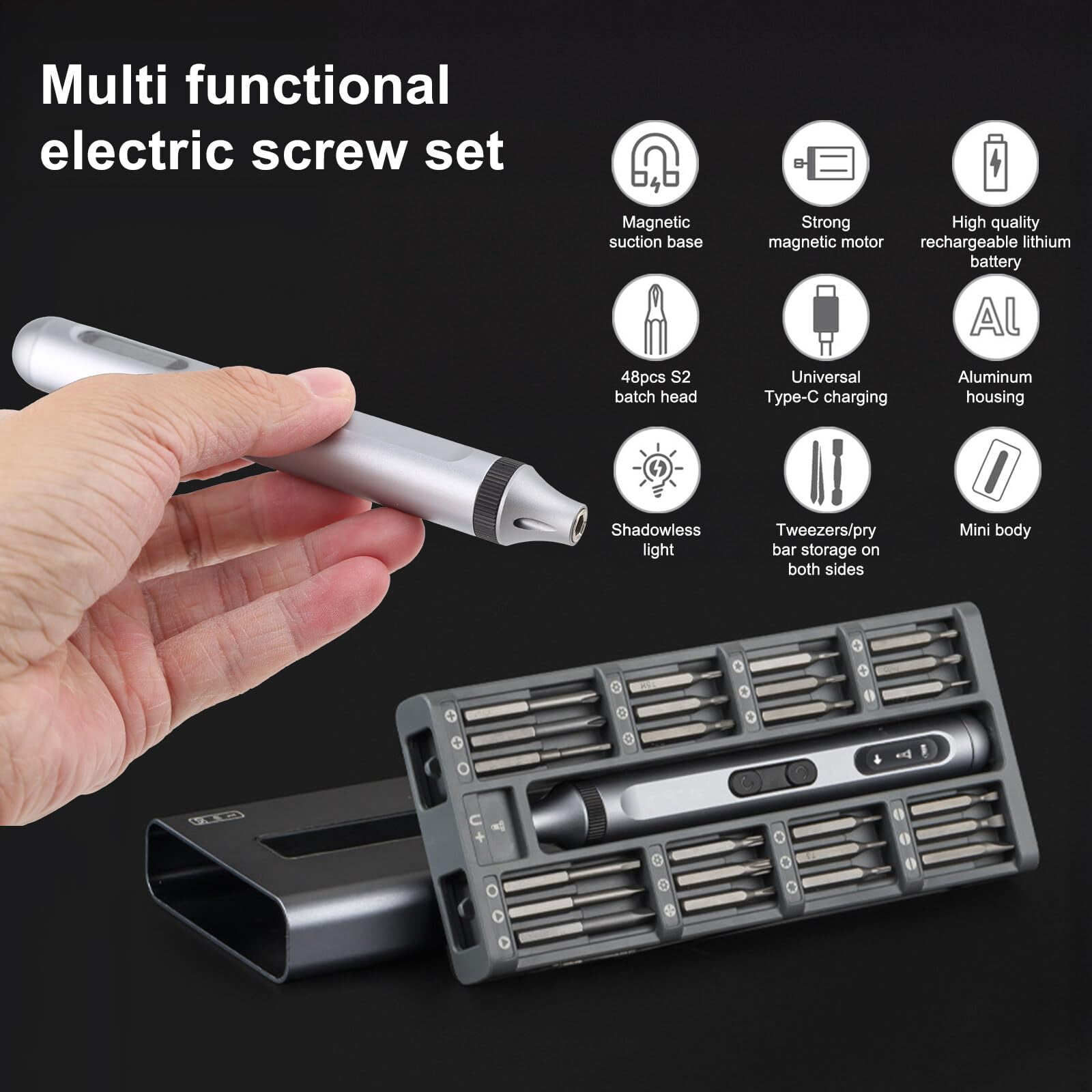 Mini Electric Screwdriver, 50 in 1 Electric Screwdriver Kit with 48 Magnetic Bits, S2 Precision Bits, LED Light, Small Magnetic Professional Repair Tool Kit for Eyeglass, Watch, PC, Laptop, Phone