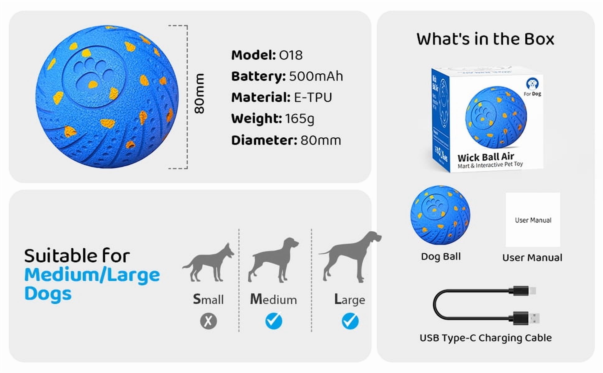 Inadays Dog Toys Interactive Dog Ball Toys For Large Dogs Automatic Ball for Dogs Chew Resistant Rechargeable E-TPU Silent Foam IPX54 Waterproof Dog Toys for Medium/Large Dogs, Blue