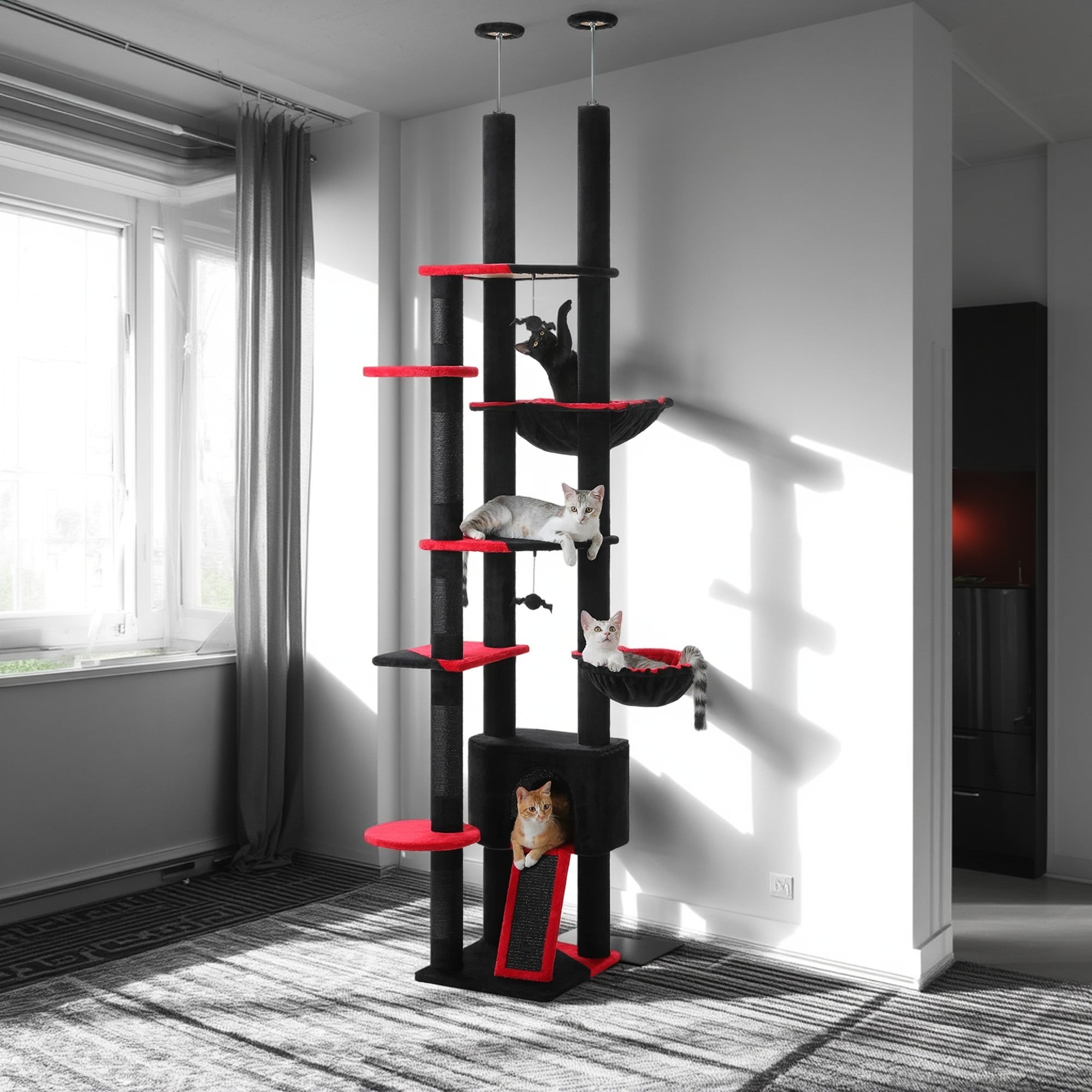 Pefilos Floor to Ceiling Tall Cat Tree Tower Adjustable (90.5"-100.4") with Cat Condo, Cat Hammock and Scratching Post, Cat Climbing Tree for Indoor Large Cats, Black