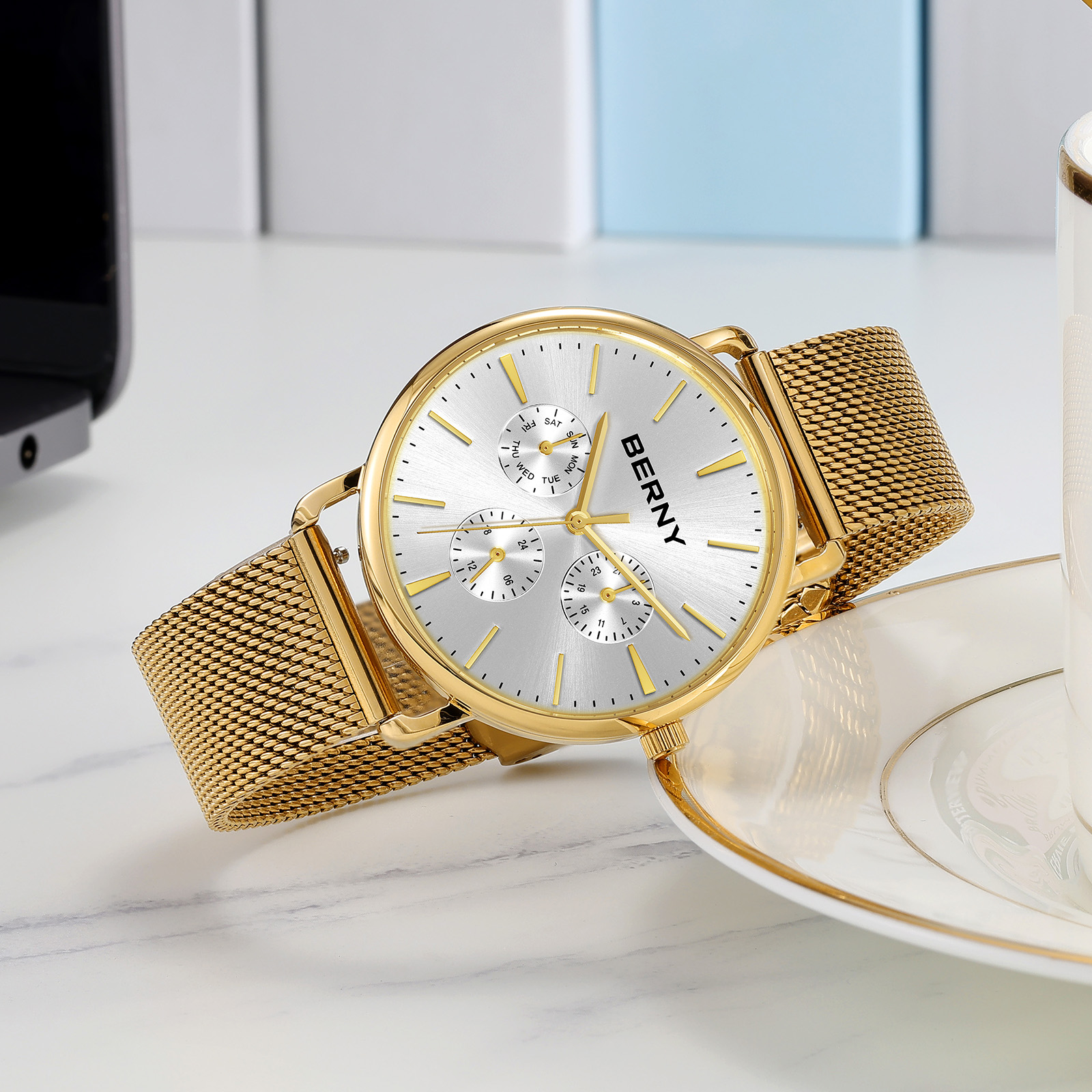 BERNY Quartz Watch for Unisex ( Men and Women), Classic Waterproof Men's Wirstwatch with Multifunctional Dials, Quick Release Stainless Steel Mesh Band,Gold &Silver