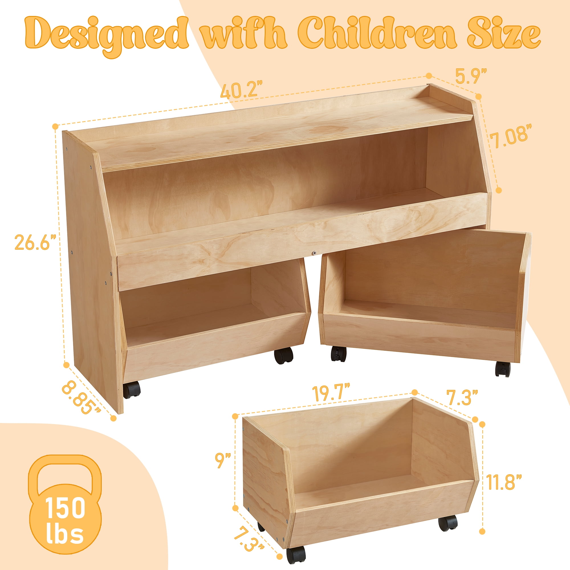 EHEY 3-in-1 Kids Toy Storage Organizer with 2 Pull-Out Drawers, 2-Tier Wooden Bookshelf with Wheels, 150LBS Capacity Montessori Shelf for Playroom, Nursery