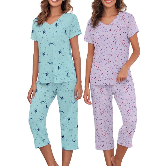 Zando 2 Pack Womens Pajama Sets 2 Piece Soft Cotton Blend Capri Pajamas Short Sleeve Printed PJs Loungewear M-3XL