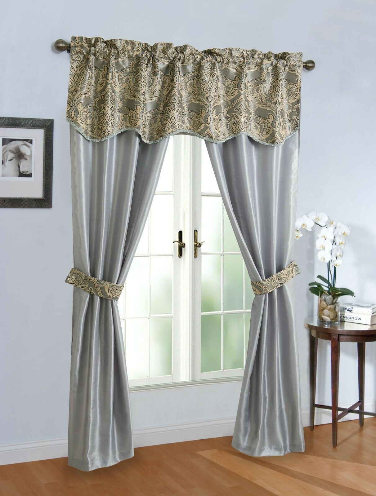 Complete 5 Pc. Sheer Attached Damask Paisley Window in a Bag Curtain & Valance Set - Blue/Gray