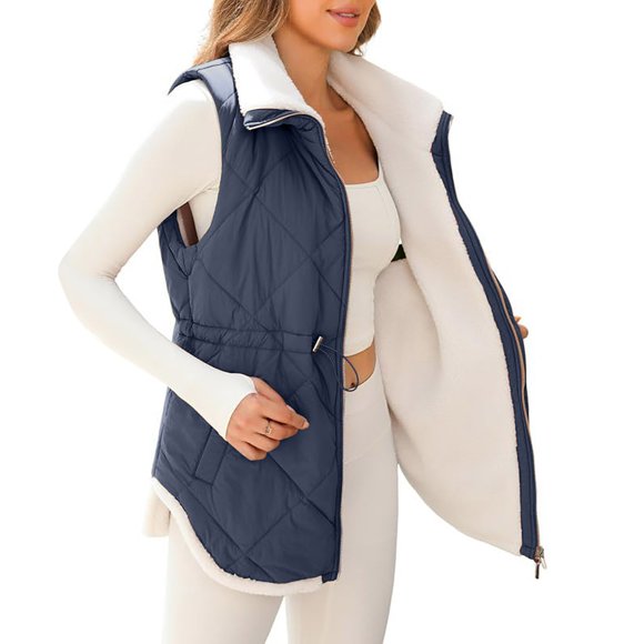 Drses Womens Winter Vests Sleeveless Fleece Jacket Zip Up Stand Collar Long Warm Drawstring Sherpa Lined Coat with Pockets