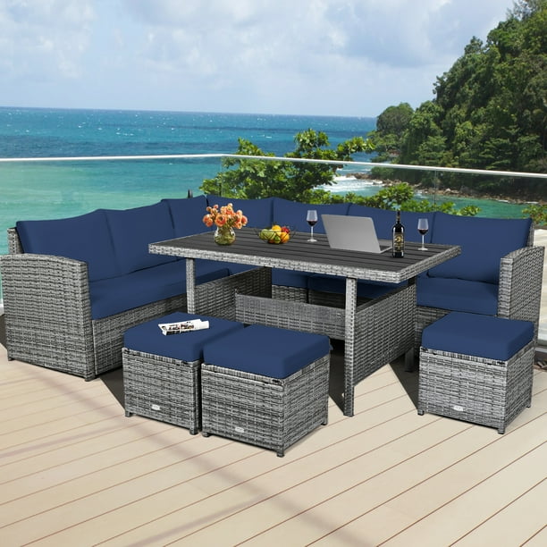 Gymax 7PCS Rattan Patio Sectional Sofa Set Conversation Set w/ Navy