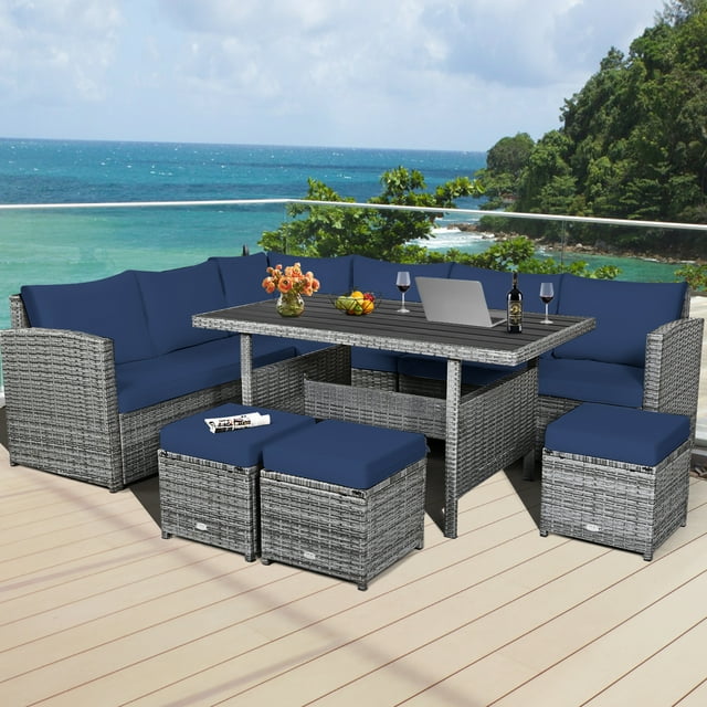 Gymax Ensemble de Canapés d'Angle de Patio en Rotin 7 Pcs avec Coussins Bleu Marine